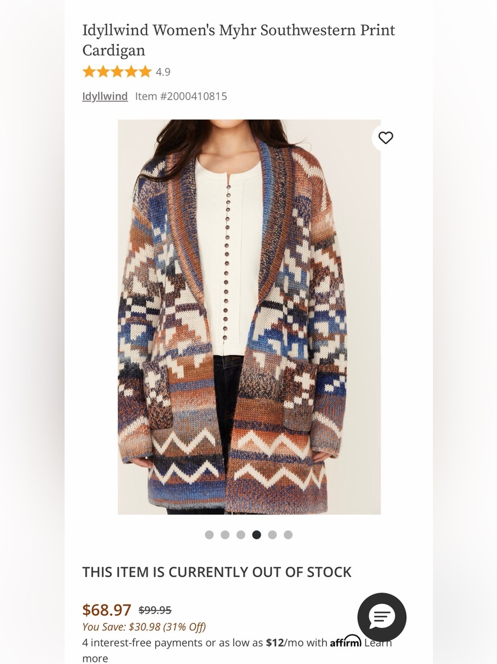 Idyllwind Myhr Southwestern Print Shawl Cardigan sz Large